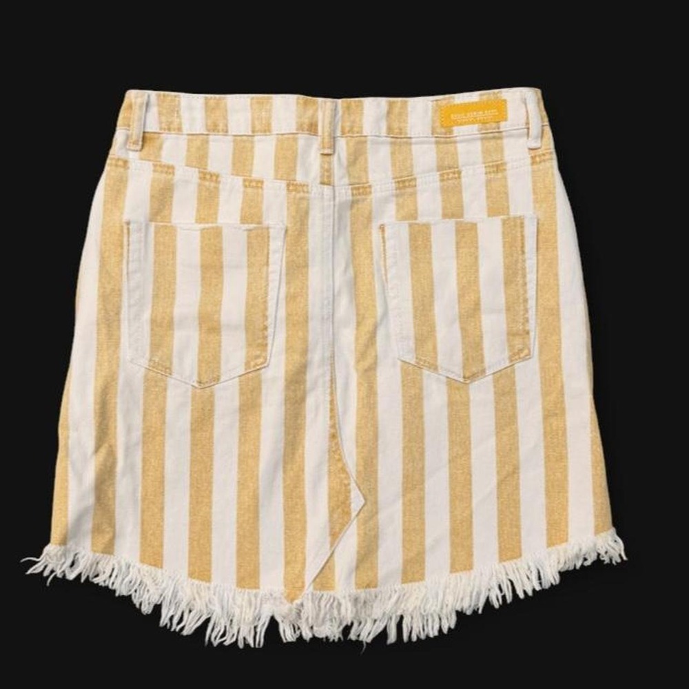 Renuar Yellow White Vertical Striped Frayed Raw Hem Denim Mini Skirt Size 38